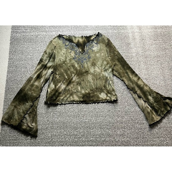 SHEIN Tops - Retro y2k Boho Crop Top Green Tie‎ Dye Size L/XL Grunge Forest Lettuce Hem Bell